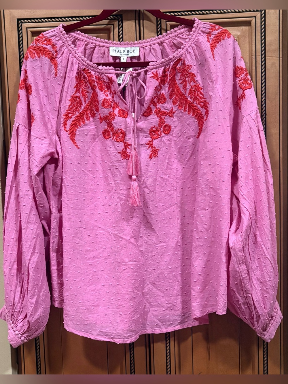 NWT $170 Hale Bob Tavanna Pink V-Neck Peasant Blouse. Size Large